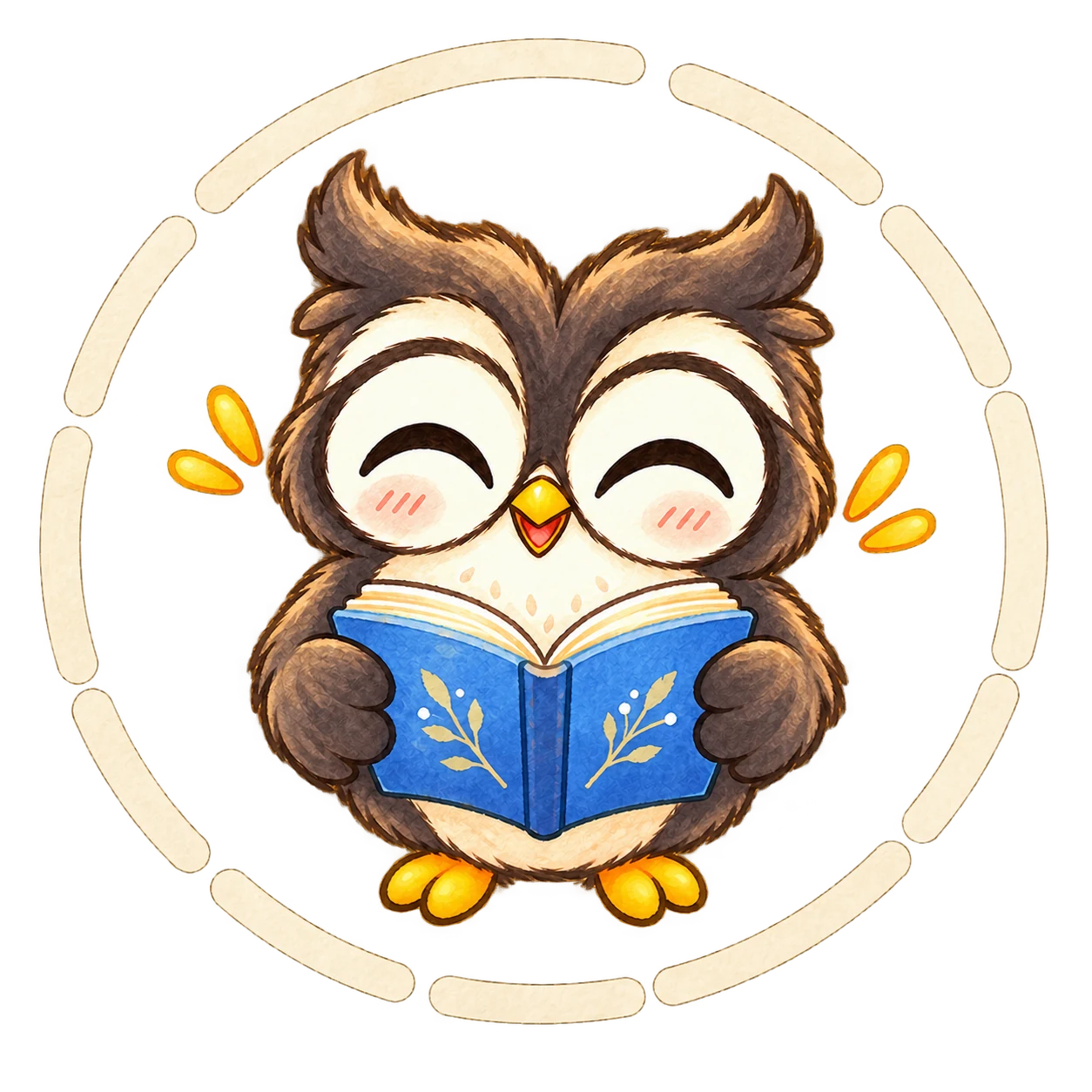 A friendly painted owl reading a book