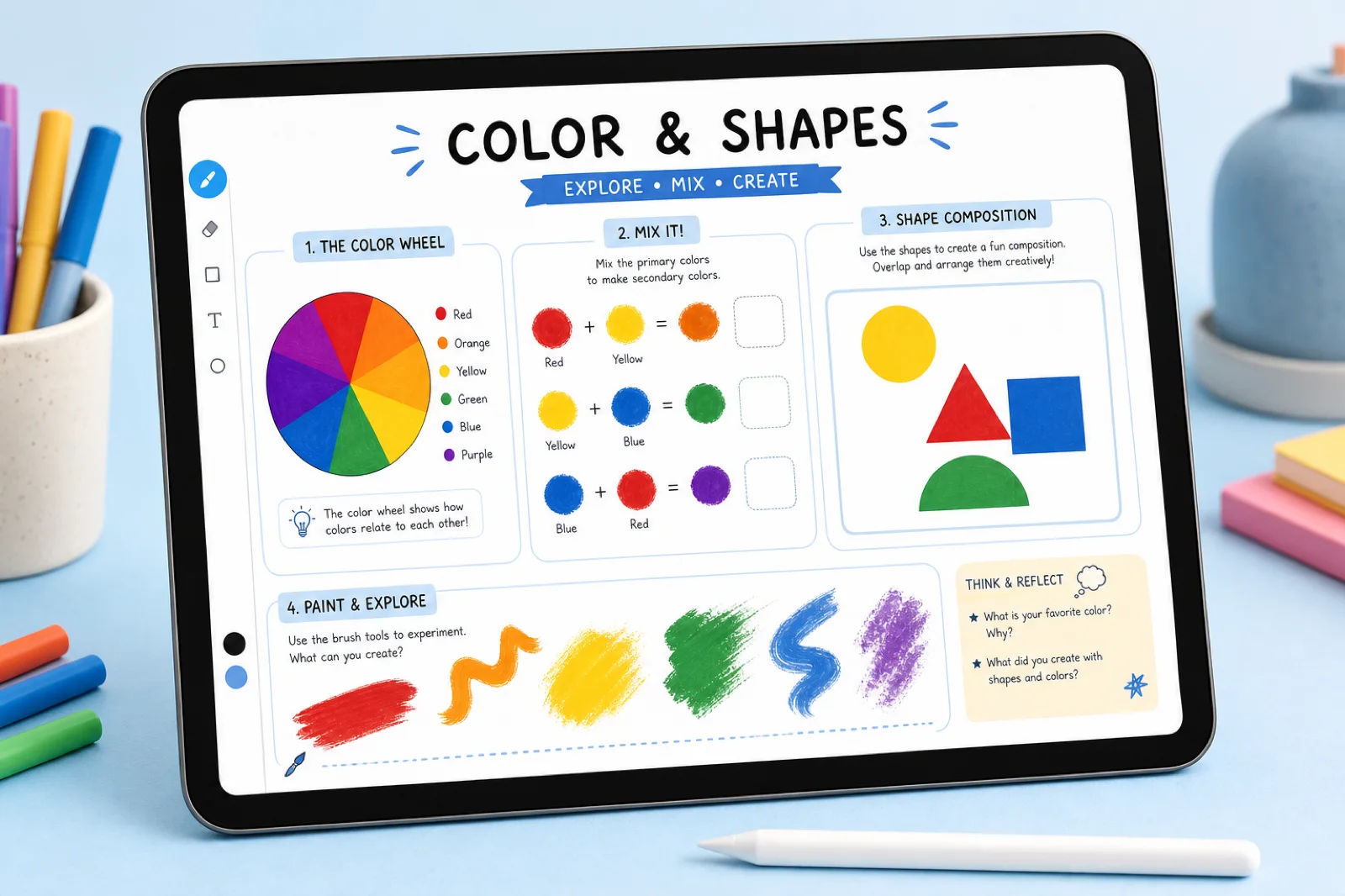 Art worksheet shown on a tablet