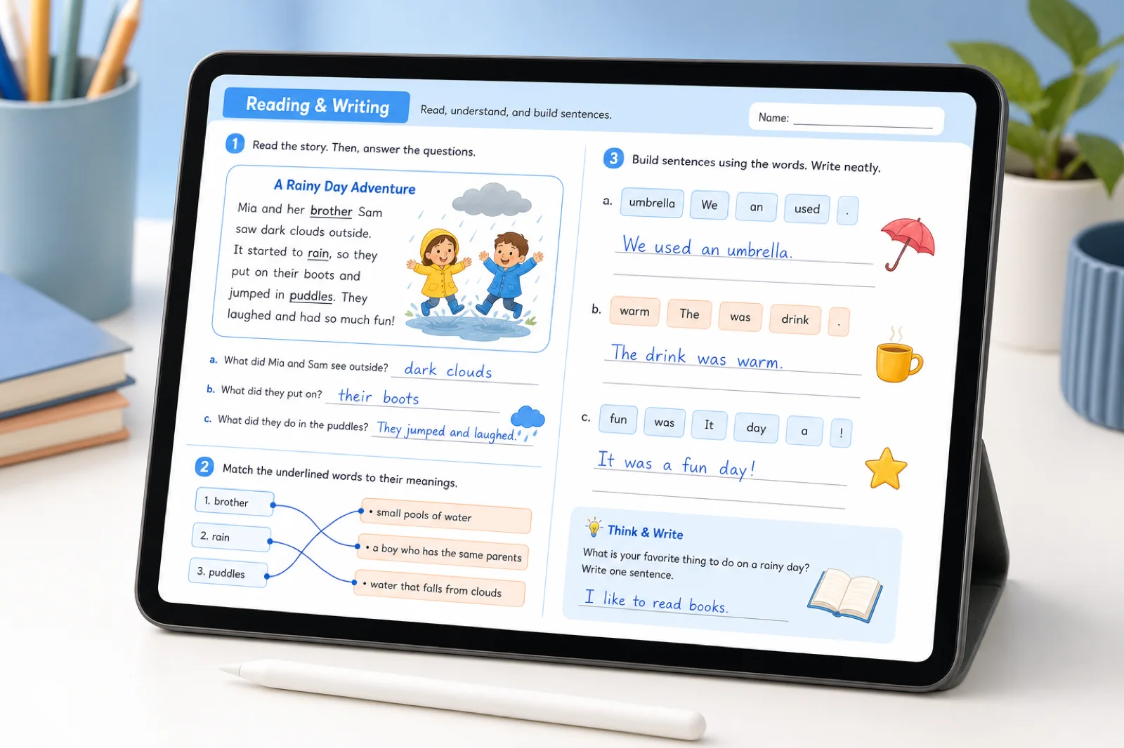 English worksheet shown on a tablet
