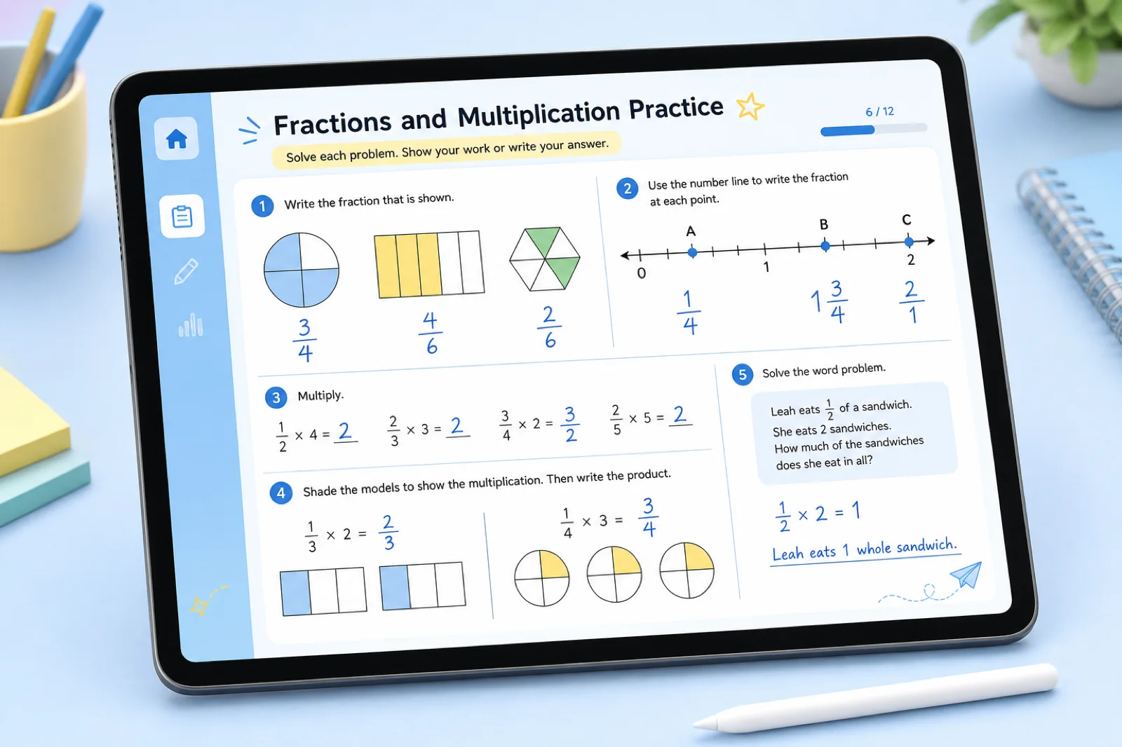Math worksheet shown on a tablet