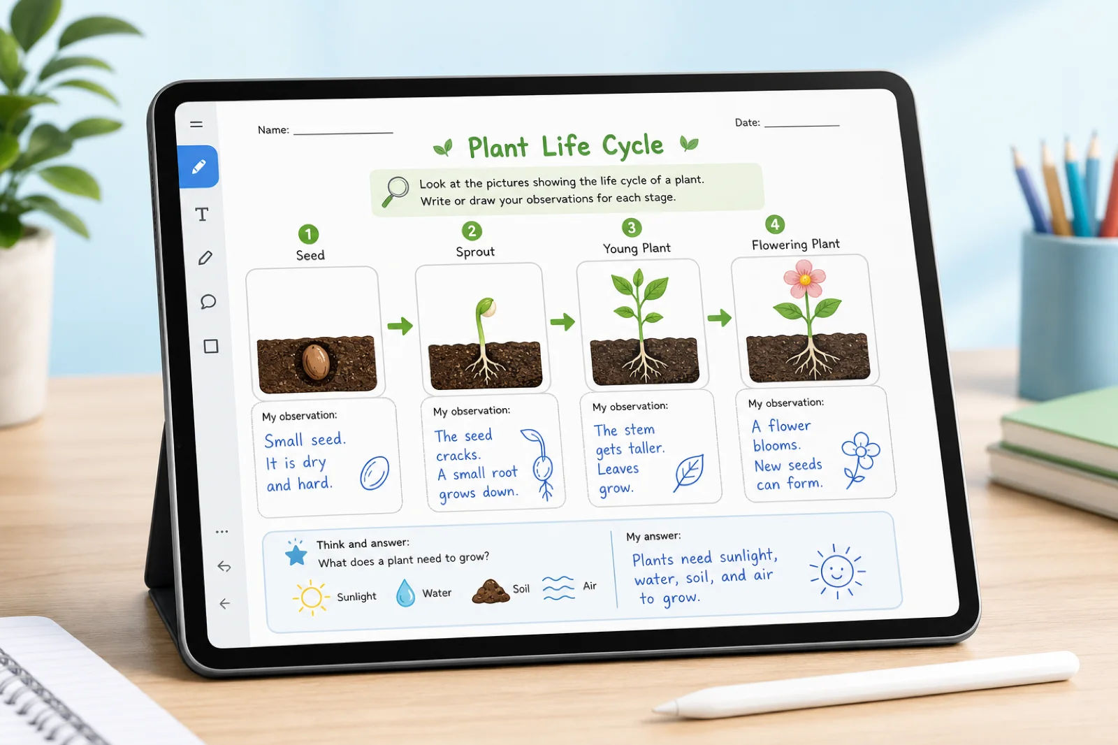 Science worksheet shown on a tablet